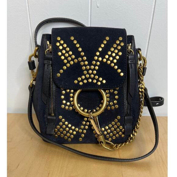 Chloe Rare Navy Blue Suede Gold Studded Faye Mini Backpack/Shoulder Bag - Picture 1 of 11
